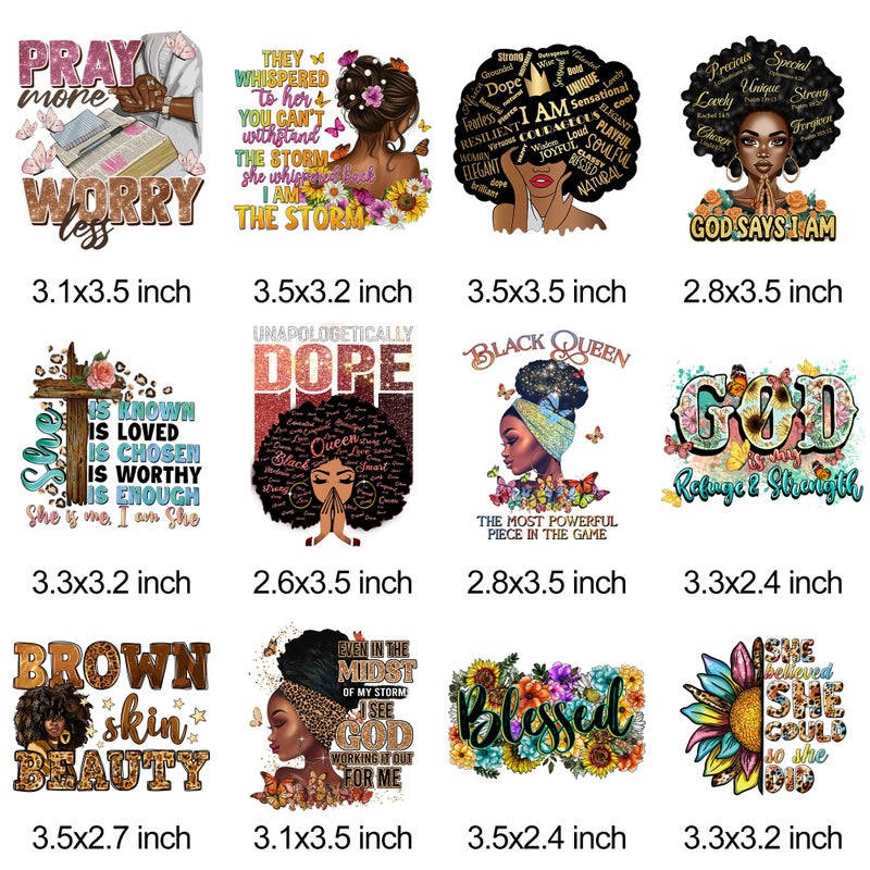 RURUIS 12pcs Iron On Decals Heat Transfer Patches for Clothing Backpack Afro Woman Iron On Transfers Vinyl Heat Press Sticker Design Blessed Washable Decoration - Image 2