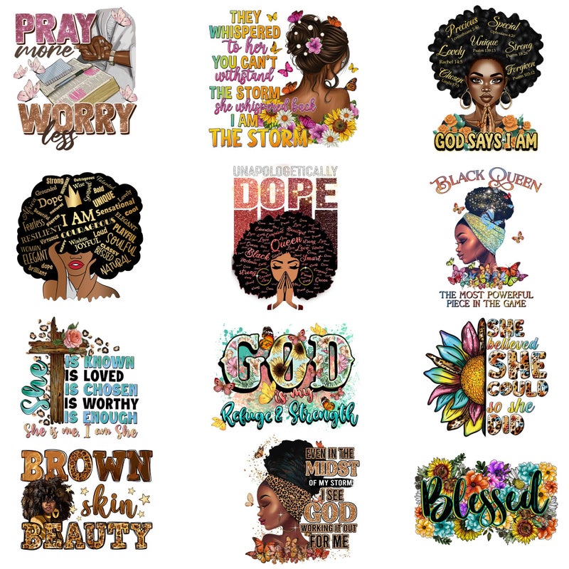 RURUIS 12pcs Iron On Decals Heat Transfer Patches for Clothing Backpack Afro Woman Iron On Transfers Vinyl Heat Press Sticker Design Blessed Washable Decoration - Image 1