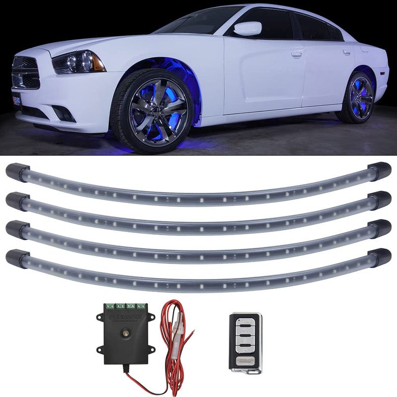LEDGlow 4pc Blue LED Wheel Well Fender Accent Neon Lighting Kit for Cars Trucks 6 Patterns Music Mode 24 Water Resistant Flexible Tubes Includes Control Box Wireless Remote