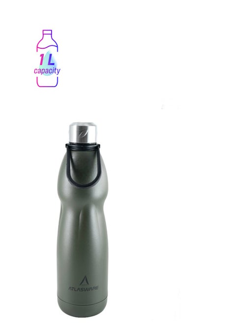 Water bottle with a capacity of 1000 ml, a stainless steel water bottle with a rubber handle that keeps cold for 82 hours and keeps heat for 34 hours, Army