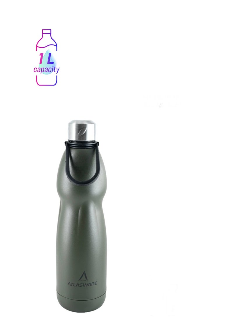 Atlasware Water bottle with a capacity of 1000 ml, a stainless steel water bottle with a rubber handle that keeps cold for 82 hours and keeps heat for 34 hours, Army  - Image 1