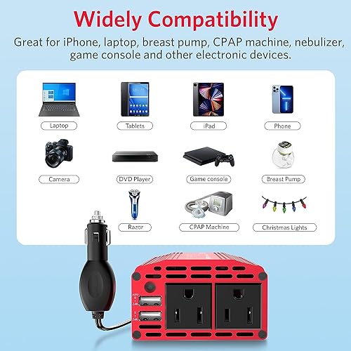 BESTEK محول الطاقة BESTEK 300W DC 12V إلى 110V AC، شاحن سيارة بعلبة ألمنيوم متينة مع منفذ شحن سريع مزدوج USB بقوة 4.8A، قابس سيارة بطول 3 أقدام في منفذ ولاعة السجائر للهاتف، اللابتوب - Image 3