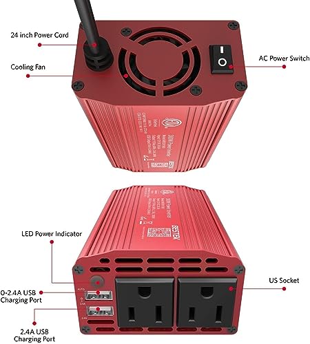 BESTEK محول الطاقة BESTEK 300W DC 12V إلى 110V AC، شاحن سيارة بعلبة ألمنيوم متينة مع منفذ شحن سريع مزدوج USB بقوة 4.8A، قابس سيارة بطول 3 أقدام في منفذ ولاعة السجائر للهاتف، اللابتوب - Image 4