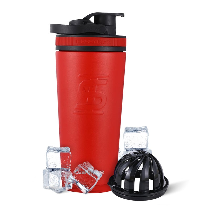 Ice Shaker Insulated Stainless Steel Shaker Bottle | 26oz, Red/Black | Cold for 30+ Hours | Insulated Cup with Twist-on Agitator | Odor-Free Bottle for Protein Shakes, Water, Smoothies, Cocktails - Image 1