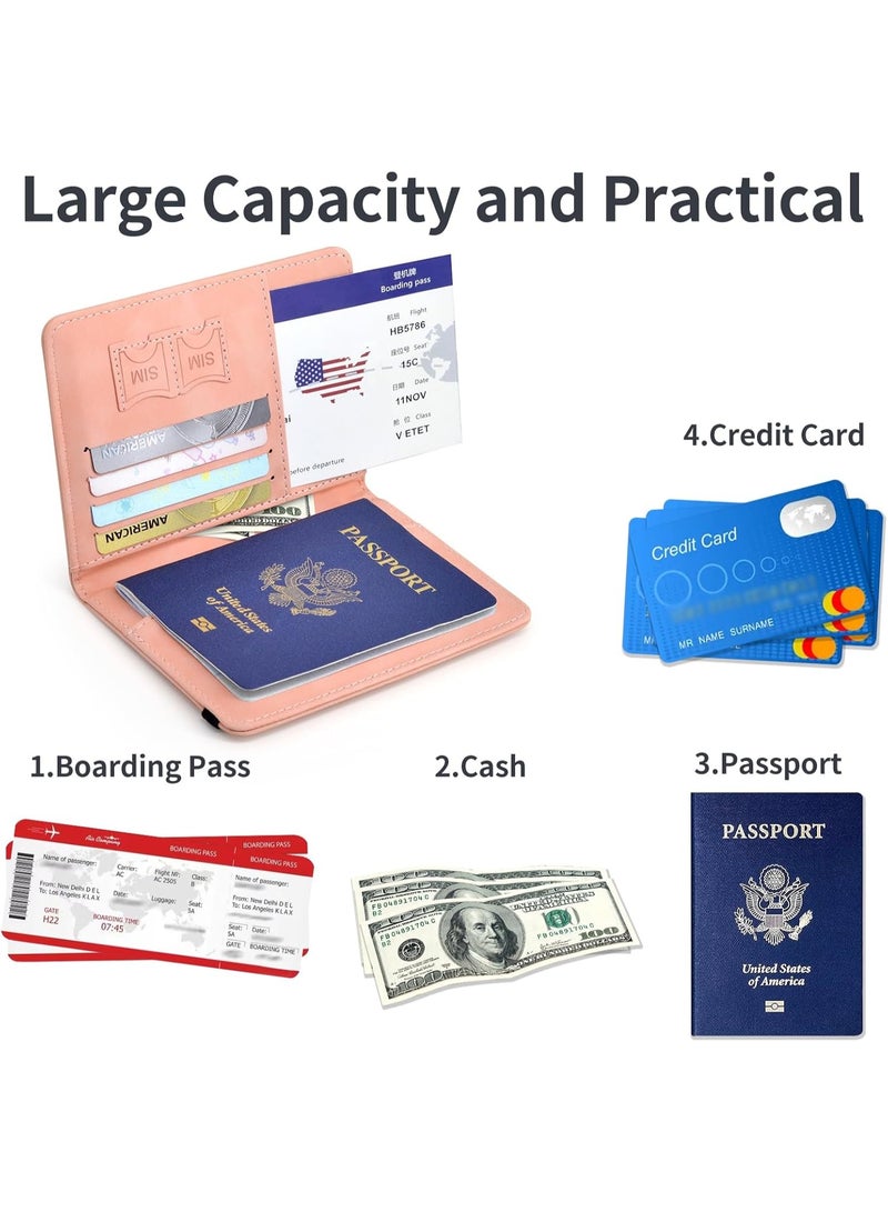 حافظة غطاء حامل السفر لجواز السفر مع حزام مطاطي ، واقي منظم مستندات حجب RFID من جلد PU ، لبطاقات الائتمان والهوية ، بطاقات الصعود إلى الطائرة (وردي) - Image 5