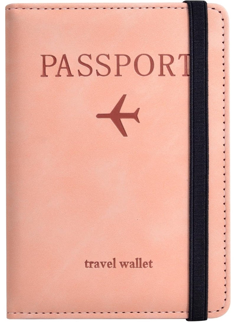 حافظة غطاء حامل السفر لجواز السفر مع حزام مطاطي ، واقي منظم مستندات حجب RFID من جلد PU ، لبطاقات الائتمان والهوية ، بطاقات الصعود إلى الطائرة (وردي) - Image 1