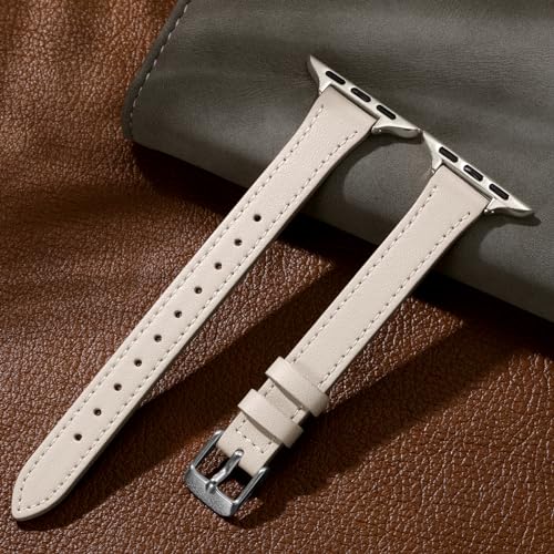 Charlam Compatible with Apple Watch Bands for Women 41mm 40mm 38mm 42mm 44mm 45mm 46mm, Top Grain Soft Leather Bands Slim Wristband for iWatch SE, iWatch Series 11 10 9 8 7 6 5 4 3 2 1,Beige/Starlight - Image 5