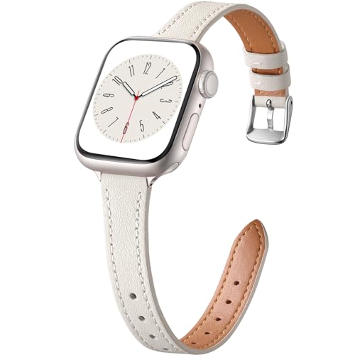 Charlam Compatible with Apple Watch Bands for Women 41mm 40mm 38mm 42mm 44mm 45mm 46mm, Top Grain Soft Leather Bands Slim Wristband for iWatch SE, iWatch Series 11 10 9 8 7 6 5 4 3 2 1,Beige/Starlight - Image 1
