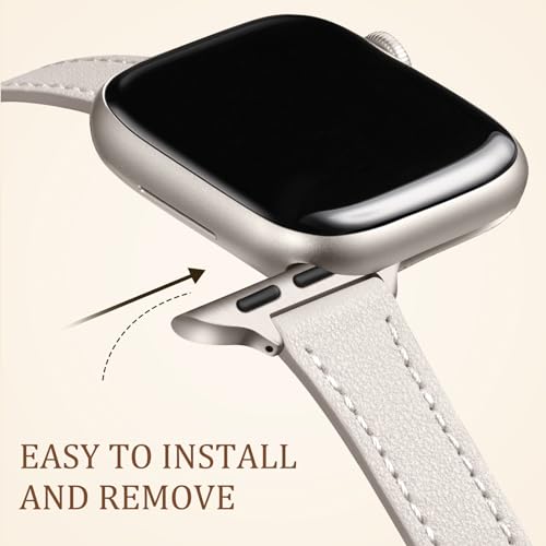 Charlam Compatible with Apple Watch Bands for Women 41mm 40mm 38mm 42mm 44mm 45mm 46mm, Top Grain Soft Leather Bands Slim Wristband for iWatch SE, iWatch Series 11 10 9 8 7 6 5 4 3 2 1,Beige/Starlight - Image 4