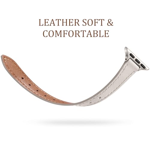 Charlam Compatible with Apple Watch Bands for Women 41mm 40mm 38mm 42mm 44mm 45mm 46mm, Top Grain Soft Leather Bands Slim Wristband for iWatch SE, iWatch Series 11 10 9 8 7 6 5 4 3 2 1,Beige/Starlight - Image 3