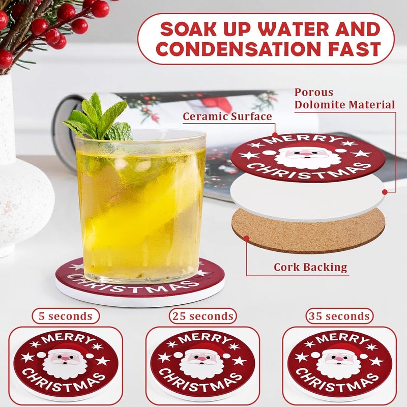 GOH DODD Christmas Ceramic Coasters with Metal Holder, Xmas Absorbent Set of 6 Winter Holiday Drink Coaster Table Protection for Home Kitchen Living Room Decor Wedding Gifts, 4 Inch, Round, Red - Image 3