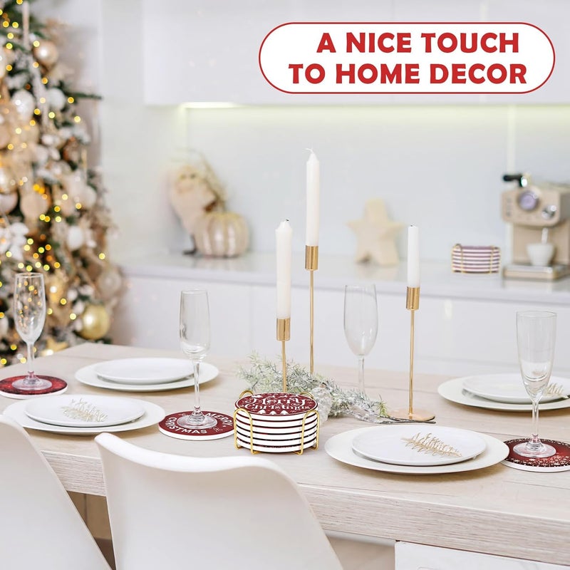 GOH DODD Christmas Ceramic Coasters with Metal Holder, Xmas Absorbent Set of 6 Winter Holiday Drink Coaster Table Protection for Home Kitchen Living Room Decor Wedding Gifts, 4 Inch, Round, Red - Image 4