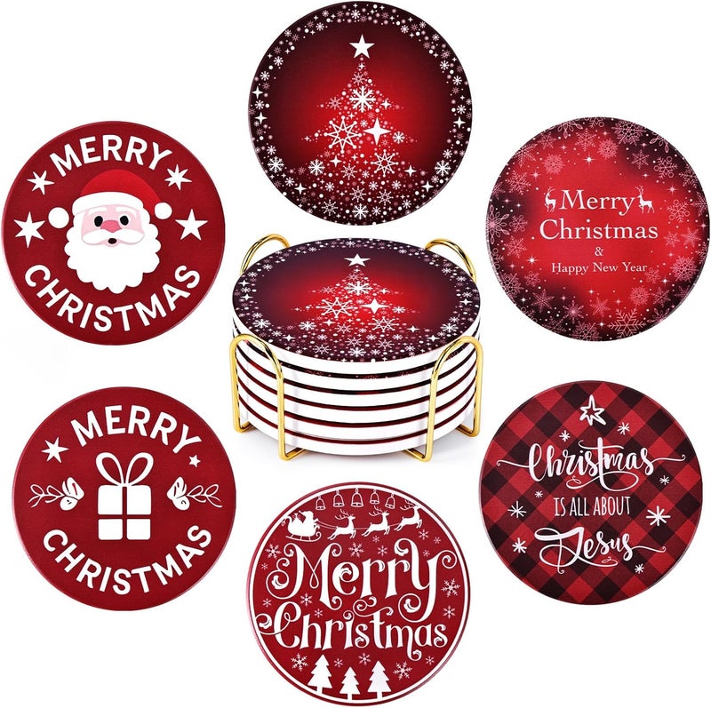 GOH DODD Christmas Ceramic Coasters with Metal Holder, Xmas Absorbent Set of 6 Winter Holiday Drink Coaster Table Protection for Home Kitchen Living Room Decor Wedding Gifts, 4 Inch, Round, Red - Image 1