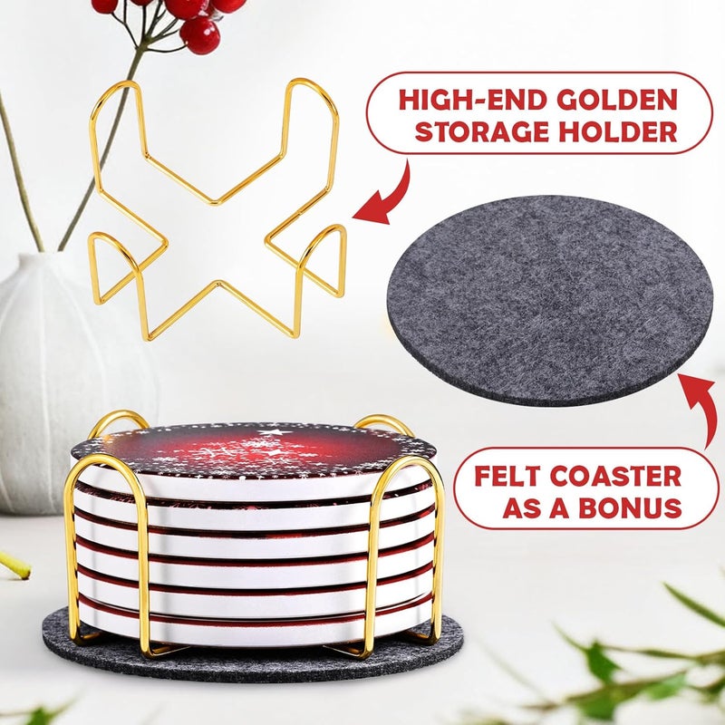 GOH DODD Christmas Ceramic Coasters with Metal Holder, Xmas Absorbent Set of 6 Winter Holiday Drink Coaster Table Protection for Home Kitchen Living Room Decor Wedding Gifts, 4 Inch, Round, Red - Image 5
