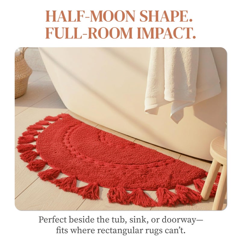 BIEN BEAU Boho Bathroom Rugs - Half Circle Cotton Mat with Crochet Insert and Tassels - Non-Slip Decorative Bohemian Rug for Bathroom, Bedroom or Entryway - Paprika Red 42x22 Soft Washable Accent Rug - Image 3
