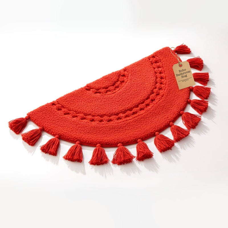 BIEN BEAU Boho Bathroom Rugs - Half Circle Cotton Mat with Crochet Insert and Tassels - Non-Slip Decorative Bohemian Rug for Bathroom, Bedroom or Entryway - Paprika Red 42x22 Soft Washable Accent Rug - Image 1