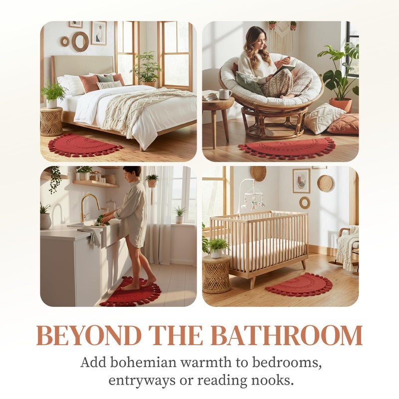 BIEN BEAU Boho Bathroom Rugs - Half Circle Cotton Mat with Crochet Insert and Tassels - Non-Slip Decorative Bohemian Rug for Bathroom, Bedroom or Entryway - Paprika Red 42x22 Soft Washable Accent Rug - Image 5