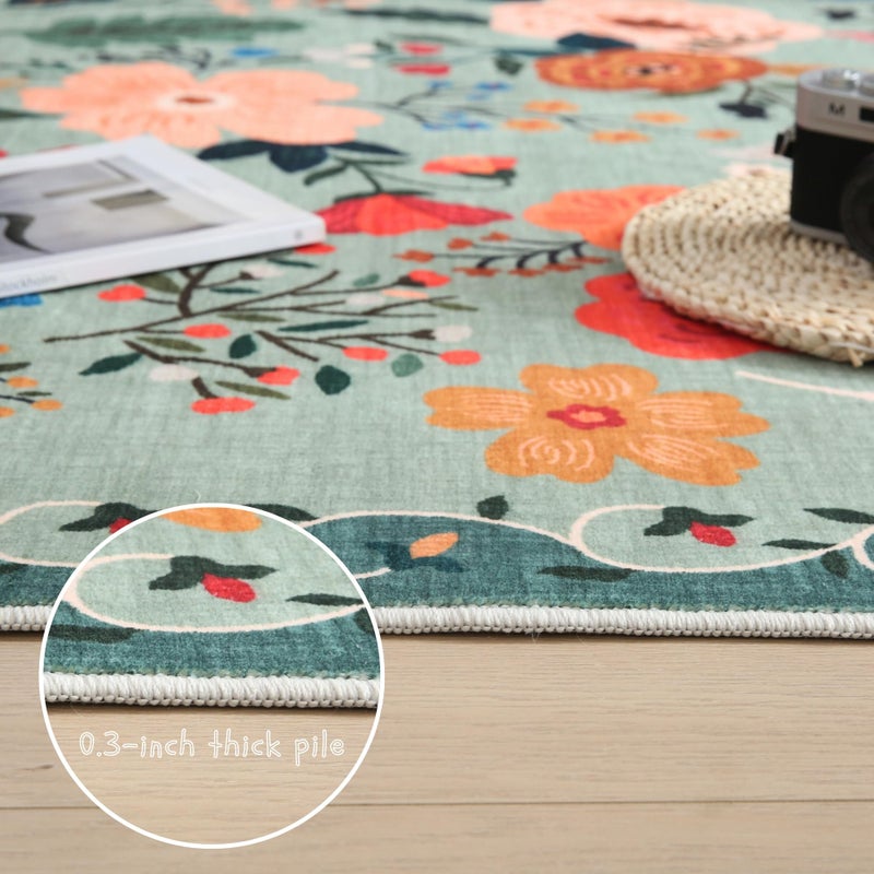 Rugcomf Living Room Rug 5x7 Rug Machine Washable Boho Area Rug Non Slip Floral Vintage Low Pile Large Rugs for Living Room, Bedroom, Farmhouse, Dining Room, Kids Playroom(Green) - Image 4