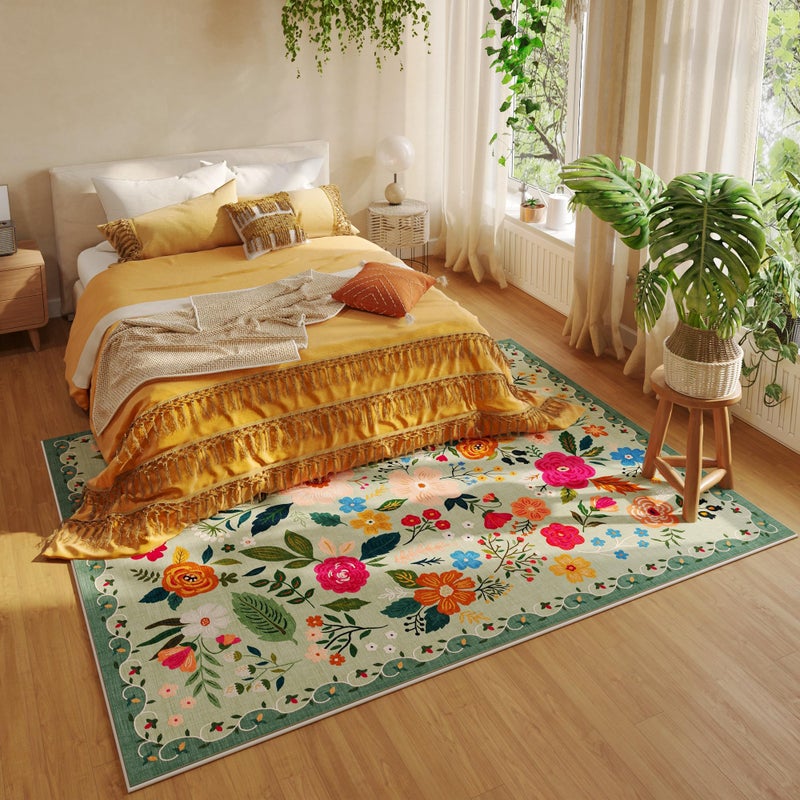 Rugcomf Living Room Rug 5x7 Rug Machine Washable Boho Area Rug Non Slip Floral Vintage Low Pile Large Rugs for Living Room, Bedroom, Farmhouse, Dining Room, Kids Playroom(Green) - Image 5