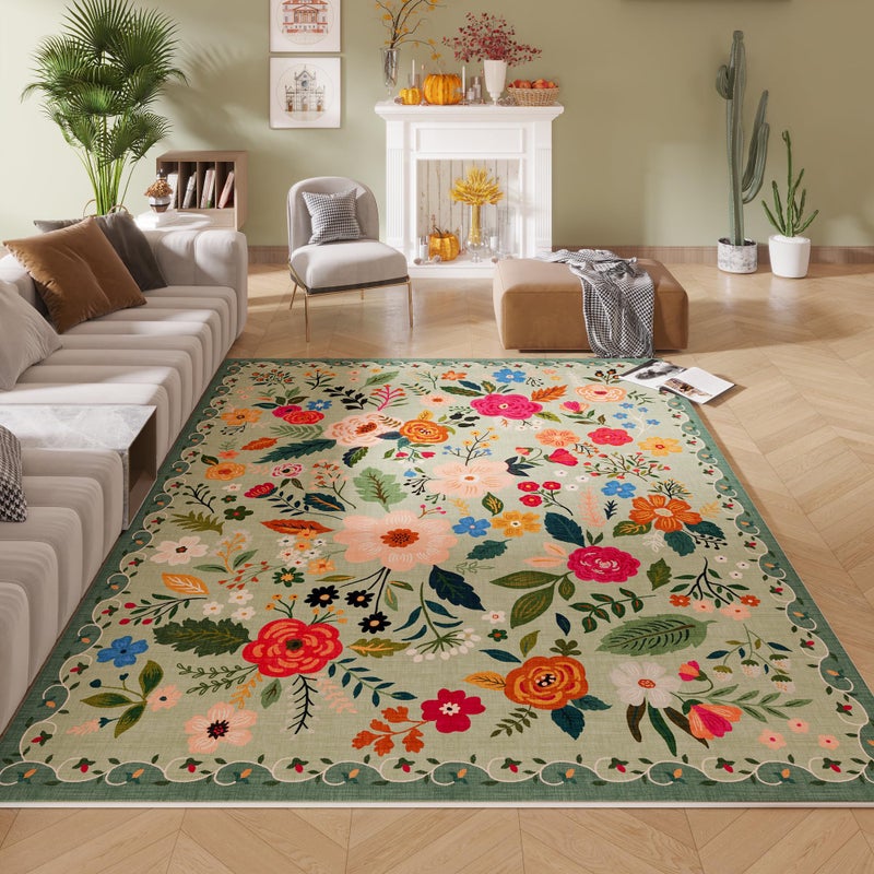 Rugcomf Living Room Rug 5x7 Rug Machine Washable Boho Area Rug Non Slip Floral Vintage Low Pile Large Rugs for Living Room, Bedroom, Farmhouse, Dining Room, Kids Playroom(Green) - Image 1