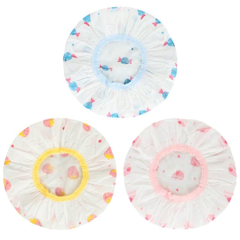 Pengxiaomei Waterproof Shower Caps 3 Pcs Plastic Reusable Shower Caps Elastic Band Bath Caps for Women Kids Food