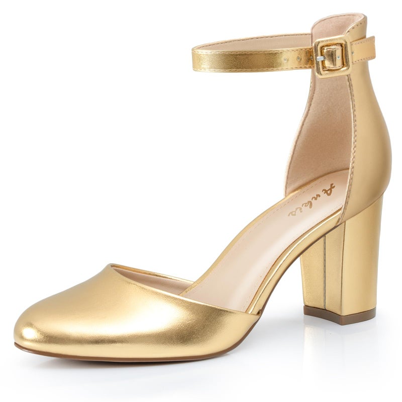 Ankis Gold Closed Toe Heels for Women -Womens Heels Closed Toe Chunky Block Pumps Dress Shoes, 3 Inch - Image 1