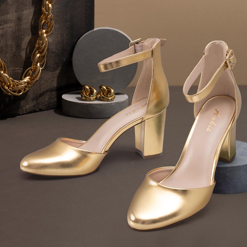 Ankis Gold Closed Toe Heels for Women -Womens Heels Closed Toe Chunky Block Pumps Dress Shoes, 3 Inch - Image 3