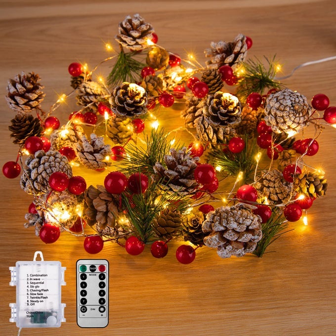 CHRISTMAS PINE LIGHTED GARLAND DECOR 98 FT 60 LEDS RED BERRY PINE CONE BATTERY OPERATED CHRISTMAS GARLAND LIGHTS WITH 8 MODES REMOTE CONTROL FOR MANTLE FIREPLACE STAIRS XMAS TREE INDOOR DECOR