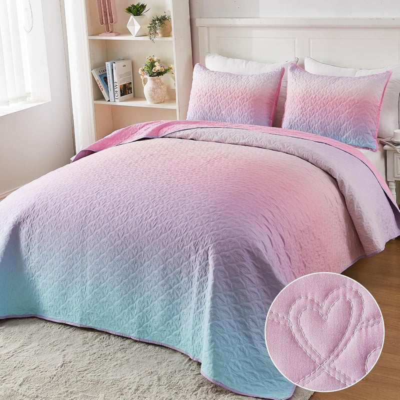 SUCHBED Light Pink Twin Size Quilt Sets for Girls, Heart-Shaped Quilted 2 Piece Bedspread Coverlet, Lightweight Soft Reversible Twin Quilt Set with Sham Blue-Pink Gradient - Image 2