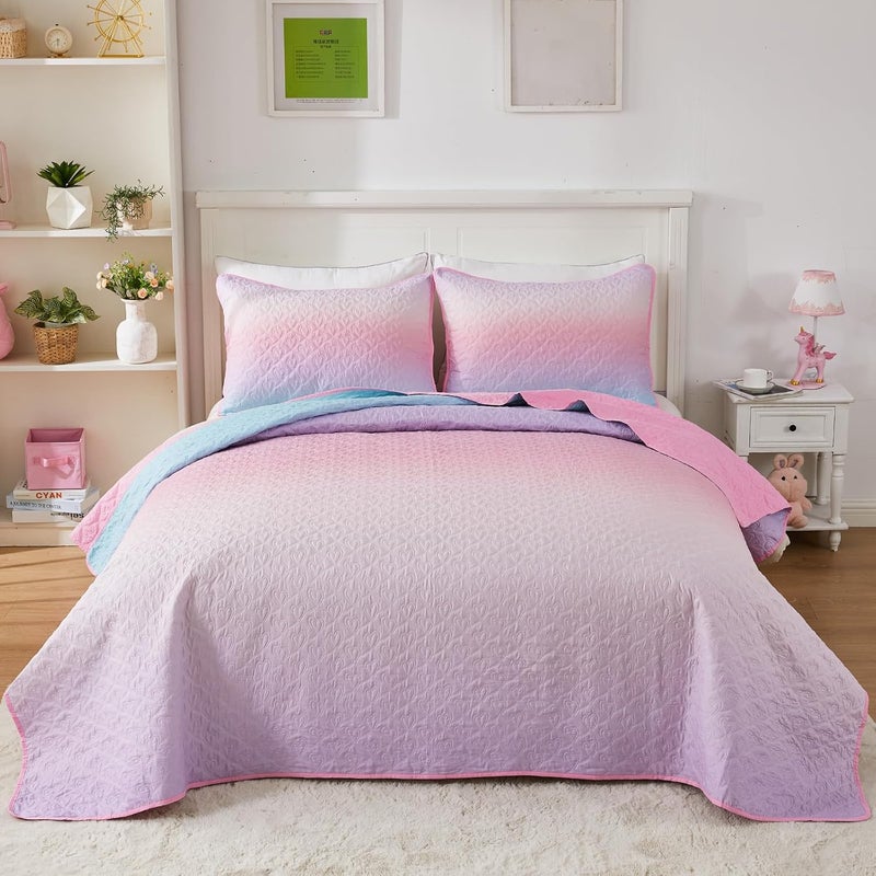 SUCHBED Light Pink Twin Size Quilt Sets for Girls, Heart-Shaped Quilted 2 Piece Bedspread Coverlet, Lightweight Soft Reversible Twin Quilt Set with Sham Blue-Pink Gradient - Image 4