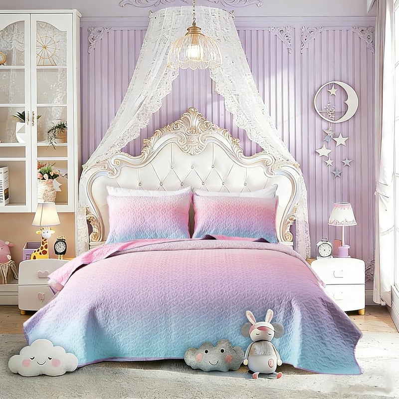 SUCHBED Light Pink Twin Size Quilt Sets for Girls, Heart-Shaped Quilted 2 Piece Bedspread Coverlet, Lightweight Soft Reversible Twin Quilt Set with Sham Blue-Pink Gradient - Image 1