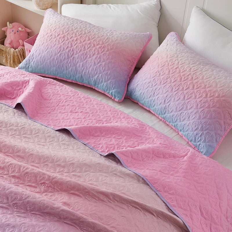 SUCHBED Light Pink Twin Size Quilt Sets for Girls, Heart-Shaped Quilted 2 Piece Bedspread Coverlet, Lightweight Soft Reversible Twin Quilt Set with Sham Blue-Pink Gradient - Image 5