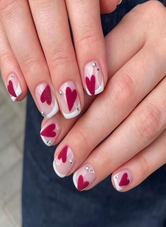 ROKHEVN Valentine Press on Nails Short Square Fake Nails with Red Heart Rhinestone Designs Stick on Nails French Tip Nails Press Ons Nude Pink Acrylic Glue on Nails for Women Nails Art Decoration 24Pcs - Image 2