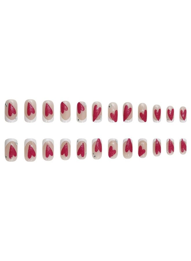 ROKHEVN Valentine Press on Nails Short Square Fake Nails with Red Heart Rhinestone Designs Stick on Nails French Tip Nails Press Ons Nude Pink Acrylic Glue on Nails for Women Nails Art Decoration 24Pcs - Image 5