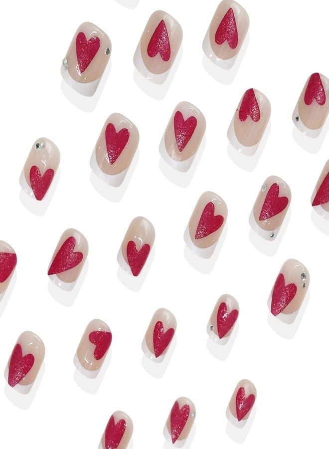 ROKHEVN Valentine Press on Nails Short Square Fake Nails with Red Heart Rhinestone Designs Stick on Nails French Tip Nails Press Ons Nude Pink Acrylic Glue on Nails for Women Nails Art Decoration 24Pcs - Image 4