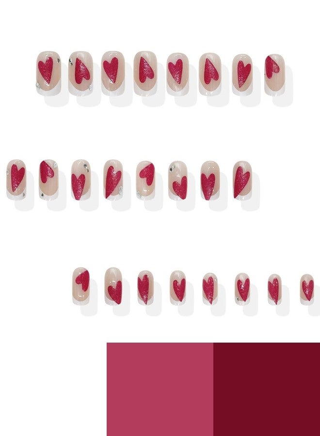 ROKHEVN Valentine Press on Nails Short Square Fake Nails with Red Heart Rhinestone Designs Stick on Nails French Tip Nails Press Ons Nude Pink Acrylic Glue on Nails for Women Nails Art Decoration 24Pcs - Image 3