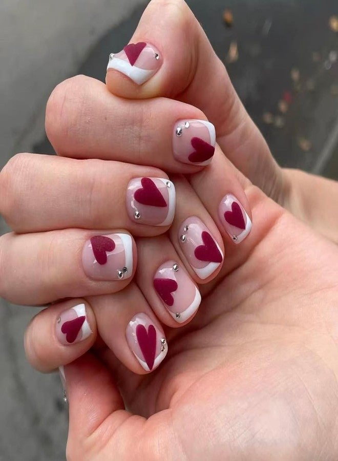 ROKHEVN Valentine Press on Nails Short Square Fake Nails with Red Heart Rhinestone Designs Stick on Nails French Tip Nails Press Ons Nude Pink Acrylic Glue on Nails for Women Nails Art Decoration 24Pcs - Image 1