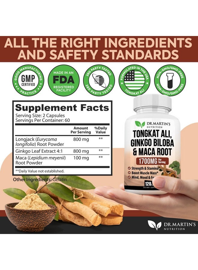 DR. MARTIN'S NUTRITION 1700mg Tongkat Ali, Maca Root & Ginkgo Biloba Supplement | 120 Capsule | Boosts Test Levels, Reproductive Health & Vitality | For Energy, Stamina, Strength, Endurance, Mood, Memory & Cognitive Support - Image 3