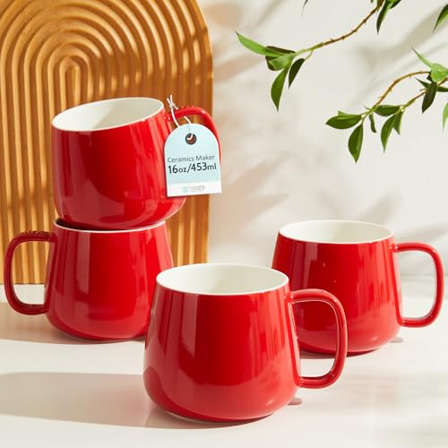 Teocera 16oz Ceramic Coffee Mugs Set of 4 – Stackable Latte Cups, Microwave, Dishwasher & Oven Safe – Ideal for Coffee, Cappuccino, Hot Chocolate, Housewarming Gifts, Red - Image 1