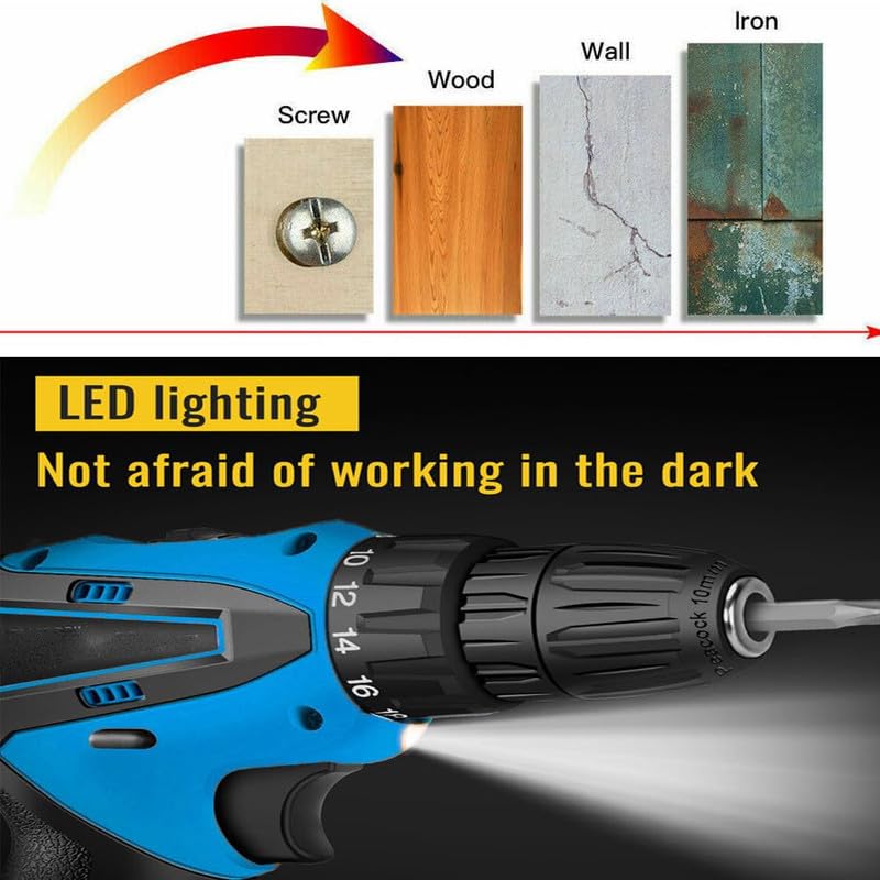 SAENTE 12V مثقاب لاسلكي مزدوج السرعة مع شاكوش بدون مفتاح ومفك براغي مع 2 بطارية ومصباح LED وضبط السرعة وعزم الدوران 181 مع البطاريات - Image 3