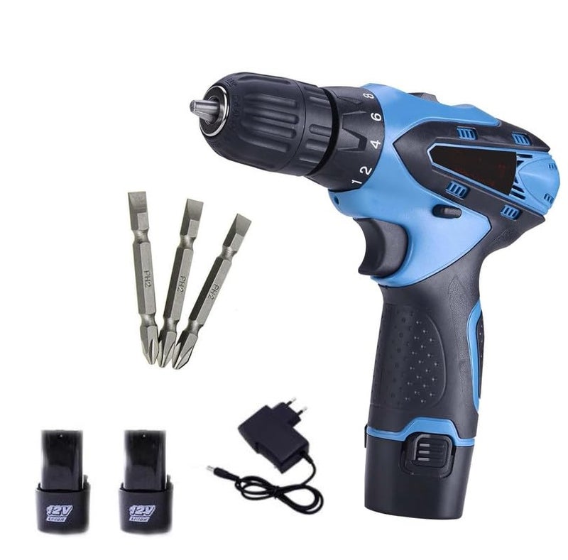 SAENTE 12V مثقاب لاسلكي مزدوج السرعة مع شاكوش بدون مفتاح ومفك براغي مع 2 بطارية ومصباح LED وضبط السرعة وعزم الدوران 181 مع البطاريات - Image 1