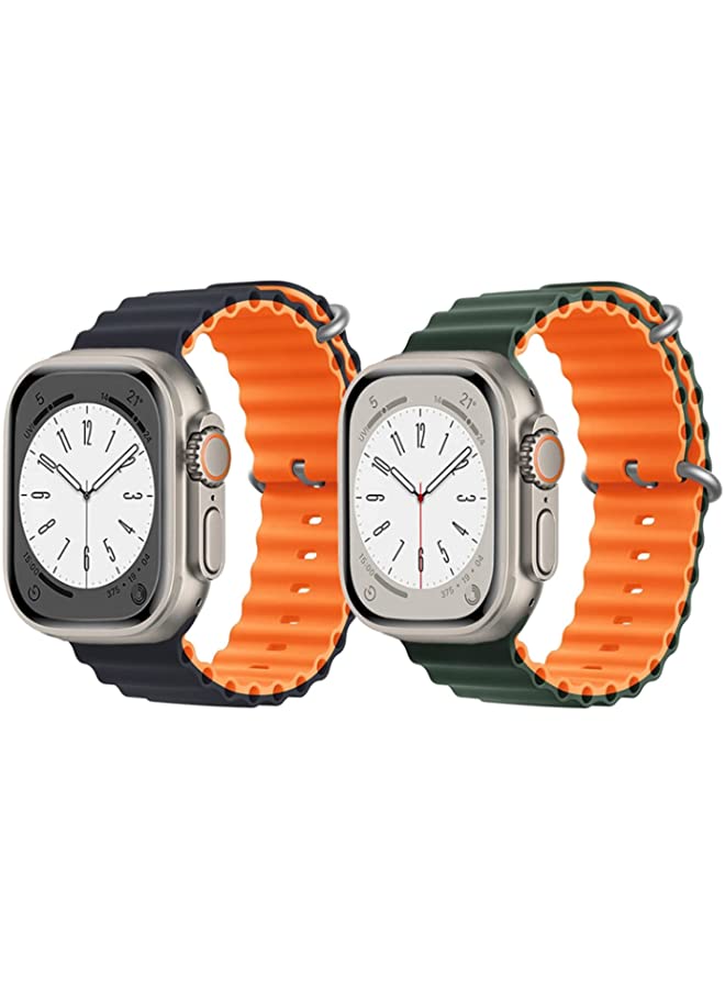 vesus Silicone Ocean Band Strap for Apple Watch Ultra 8 49mm Black/Orange2 Double Side Strap with Green/Orange Double Side Strap Set of 2