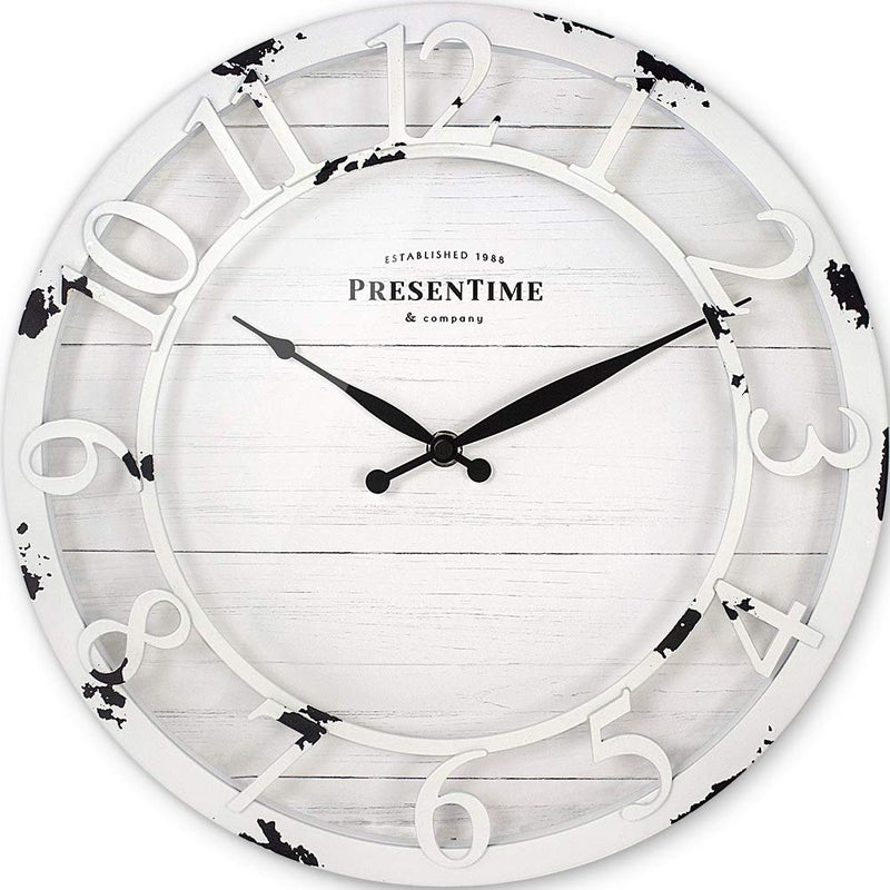 Presentime  Co 13 Farmhouse Series Wall Clock Quartz Movement Shiplap Style Raised 3D Arabic Numeral Antique Distressed White