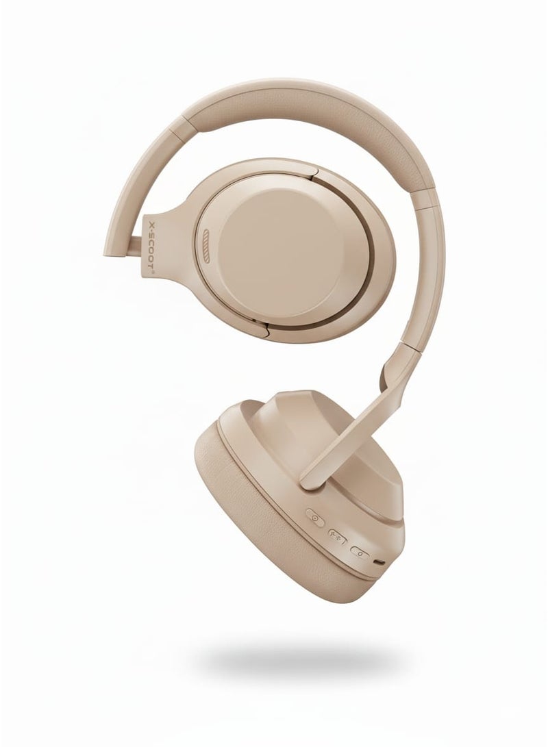 X-SCOOT XS-653 Foldable Stereo Headphones with Pure Bass Sound, Hi-Res Audio, HD Mic, Extra-Soft Cushions, TF Card Support & 3.5mm AUX-In , Comfortable Over Ear Design for Music, Calls & Daily Use - Beige - Image 2