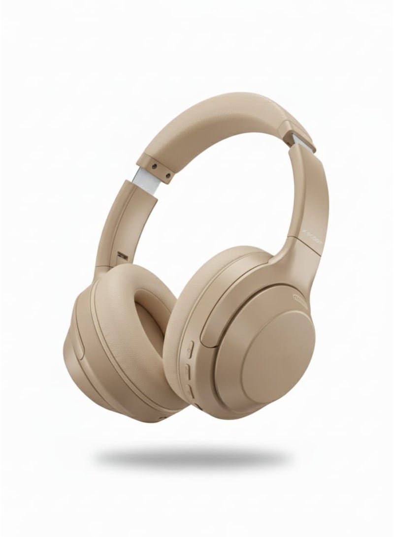 X-SCOOT XS-653 Foldable Stereo Headphones with Pure Bass Sound, Hi-Res Audio, HD Mic, Extra-Soft Cushions, TF Card Support & 3.5mm AUX-In , Comfortable Over Ear Design for Music, Calls & Daily Use - Beige - Image 1