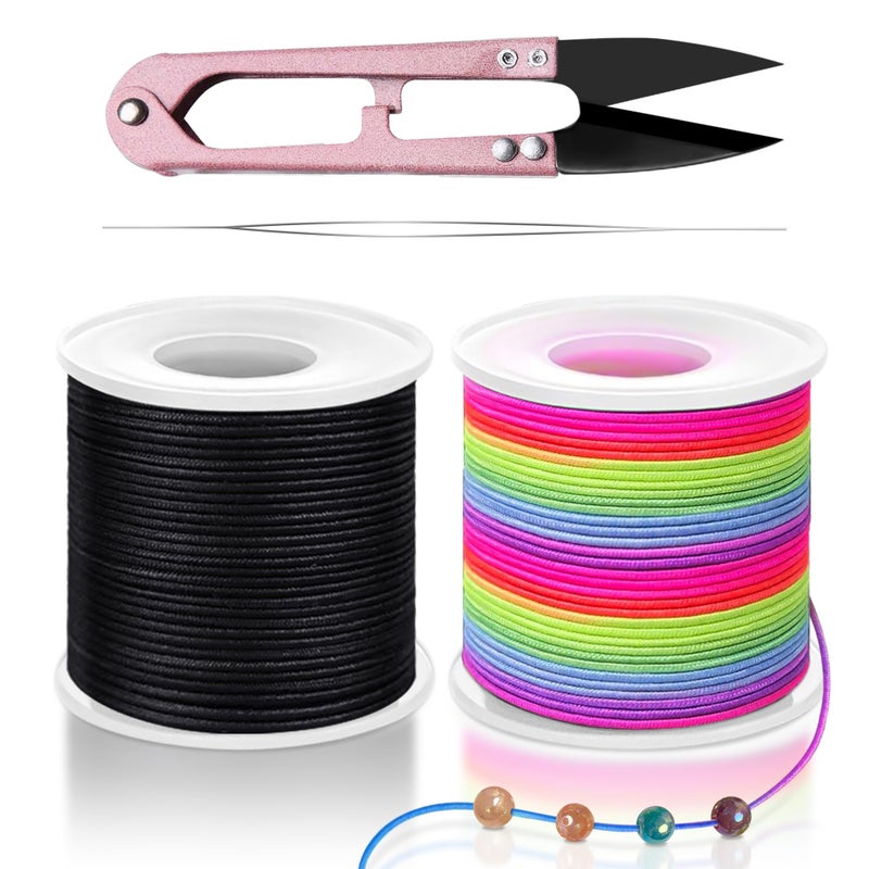 Profasion Stretchy String for Bracelets, Necklaces, Bead Stringing, Jewelry Making, Hair Braiding, and Crafts. Diameter: 1mm, Length: 330 Feet, Rainbow and Black (2 Pieces) - Image 1