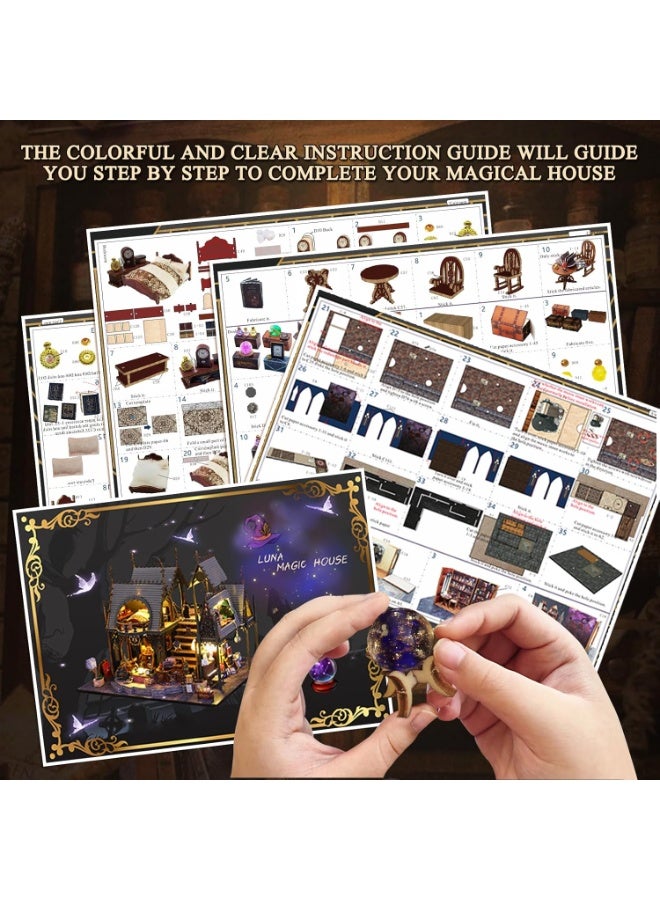 كيلا مجموعة بناء منزل مصغر بنفسك، صغير الحجم للكبار، ألغاز خشبية ثلاثية الأبعاد، بيت دمية، رف كتب، ديكور، مجموعة إبداعية مع إضاءة LED للعائلة والأصدقاء (منزل لونا السحري) - Image 5