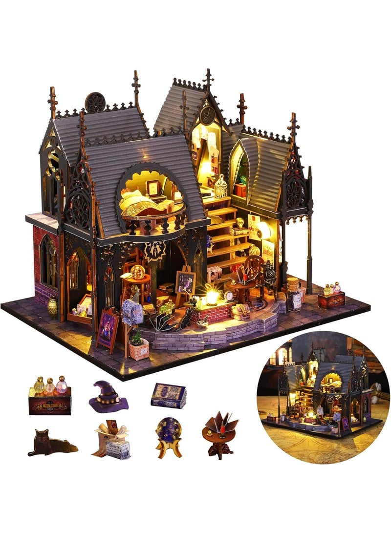 كيلا مجموعة بناء منزل مصغر بنفسك، صغير الحجم للكبار، ألغاز خشبية ثلاثية الأبعاد، بيت دمية، رف كتب، ديكور، مجموعة إبداعية مع إضاءة LED للعائلة والأصدقاء (منزل لونا السحري) - Image 1