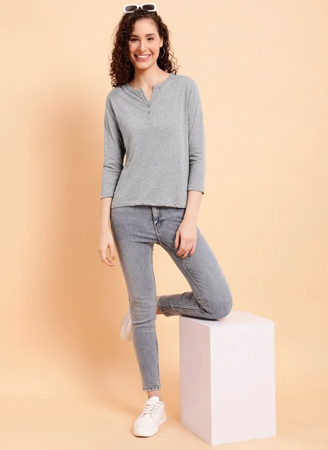 MINT STREET Grey V-Neck Pure Cotton T-Shirt for Women