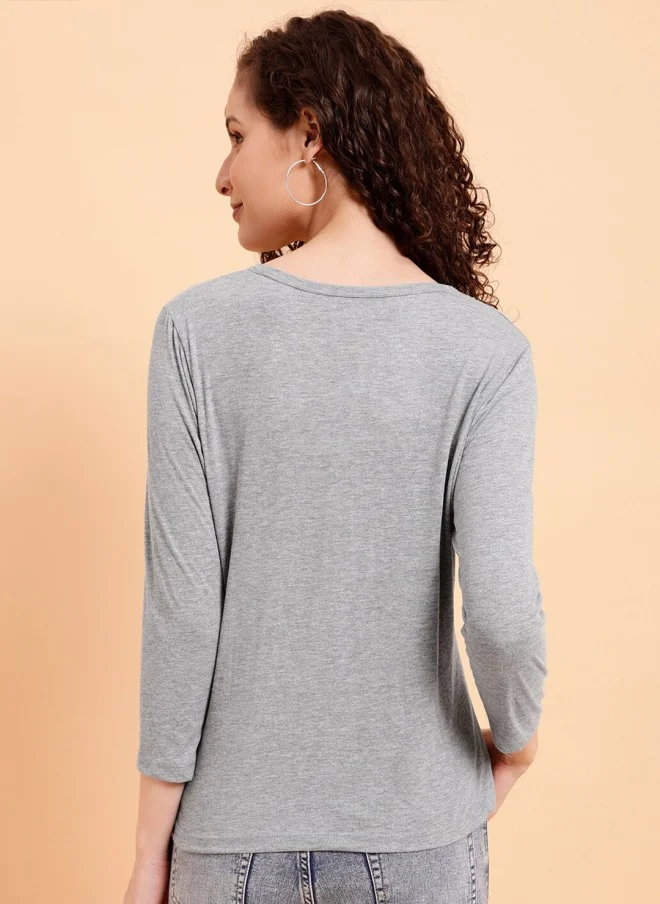 MINT STREET Grey V-Neck Pure Cotton T-Shirt for Women